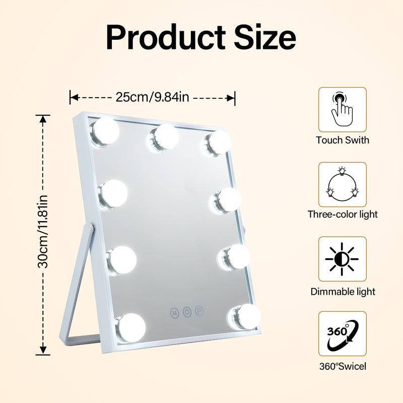 Hollywood Style LED Vanity Mirror for Makeup, Bedroom Dressing Table, 25×30Cm White Touch Control with Adjustable Brightness, 3 Light Modes, Light Strip Beauty Mirror