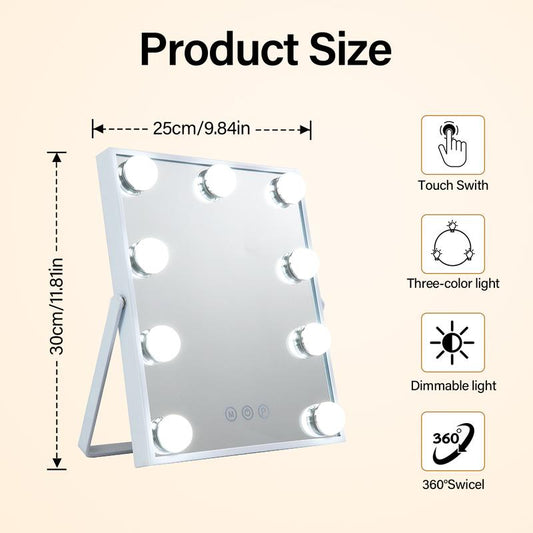 Hollywood Style LED Vanity Mirror for Makeup, Bedroom Dressing Table, 25×30Cm White Touch Control with Adjustable Brightness, 3 Light Modes, Light Strip Beauty Mirror