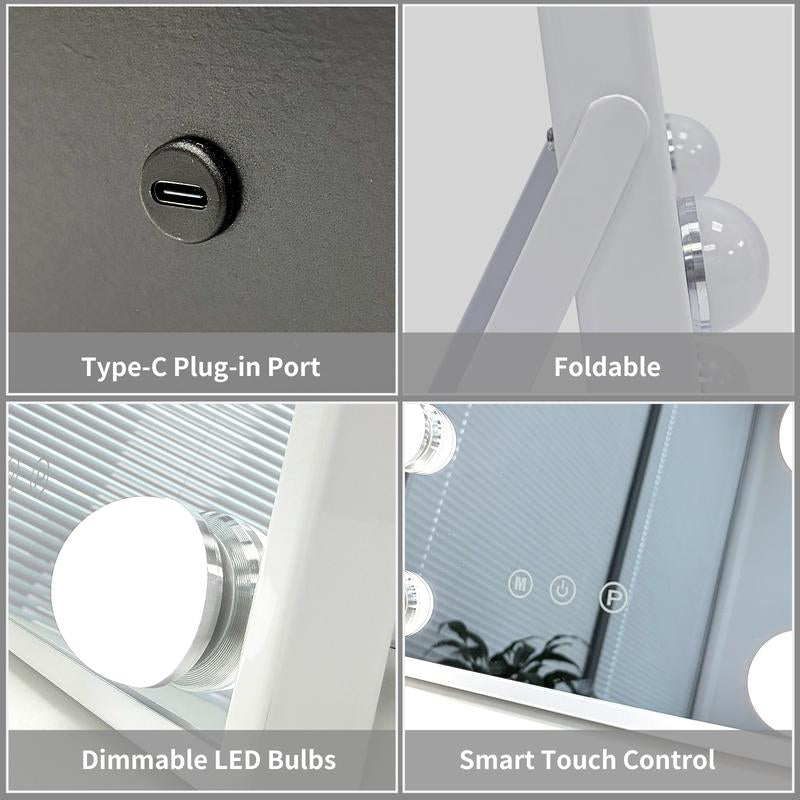 Hollywood Style LED Vanity Mirror for Makeup, Bedroom Dressing Table, 25×30Cm White Touch Control with Adjustable Brightness, 3 Light Modes, Light Strip Beauty Mirror